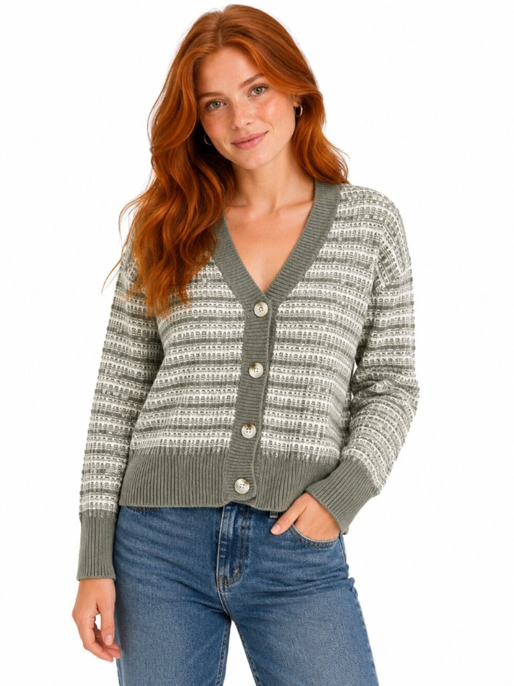 Final Touch Green Striped Knit Cardigan Sweater Size M Like New